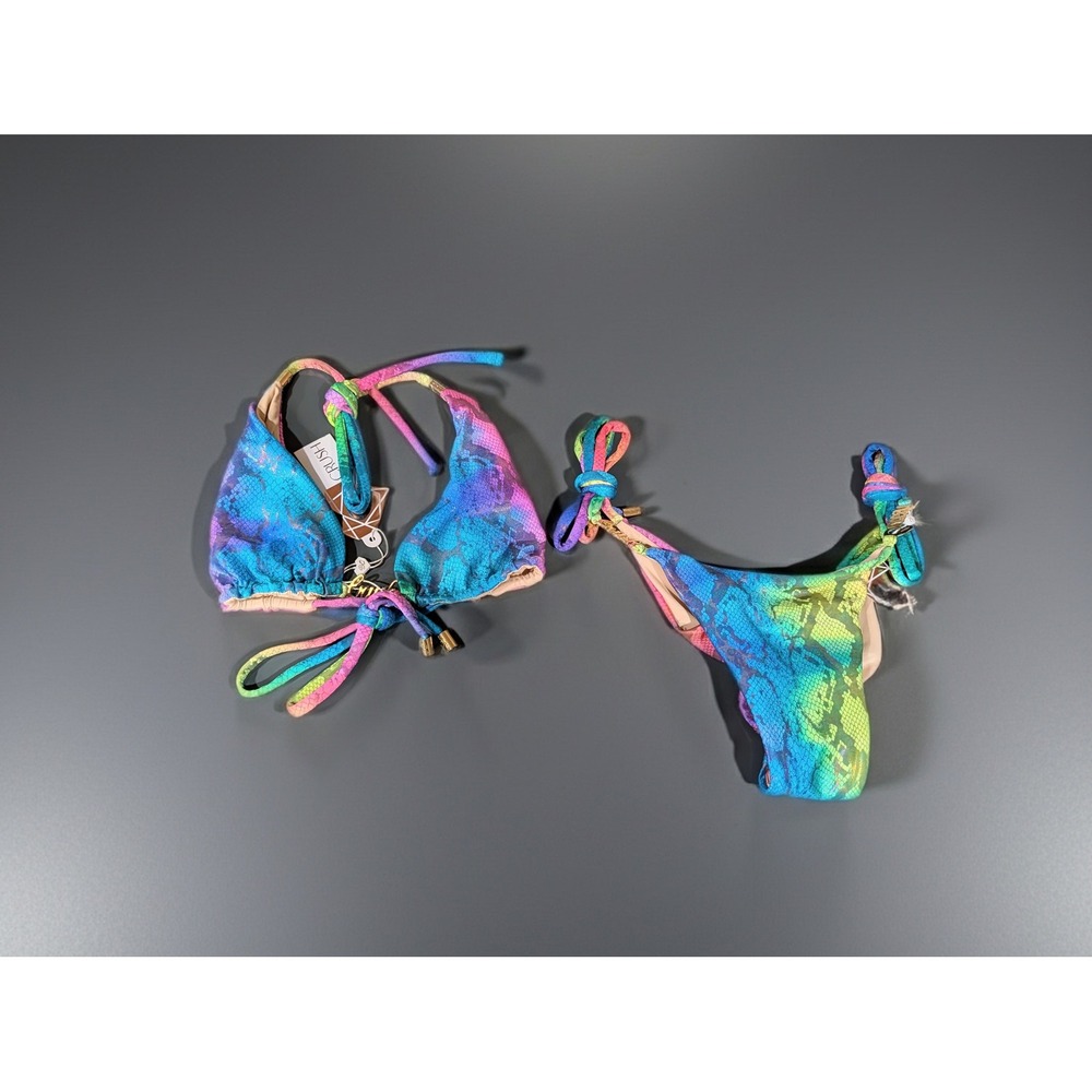 Bikini Crush Neon Rainbow Snake Metallic Bikini Set Brazilian Scrunch L/XL - Picture 3 of 16